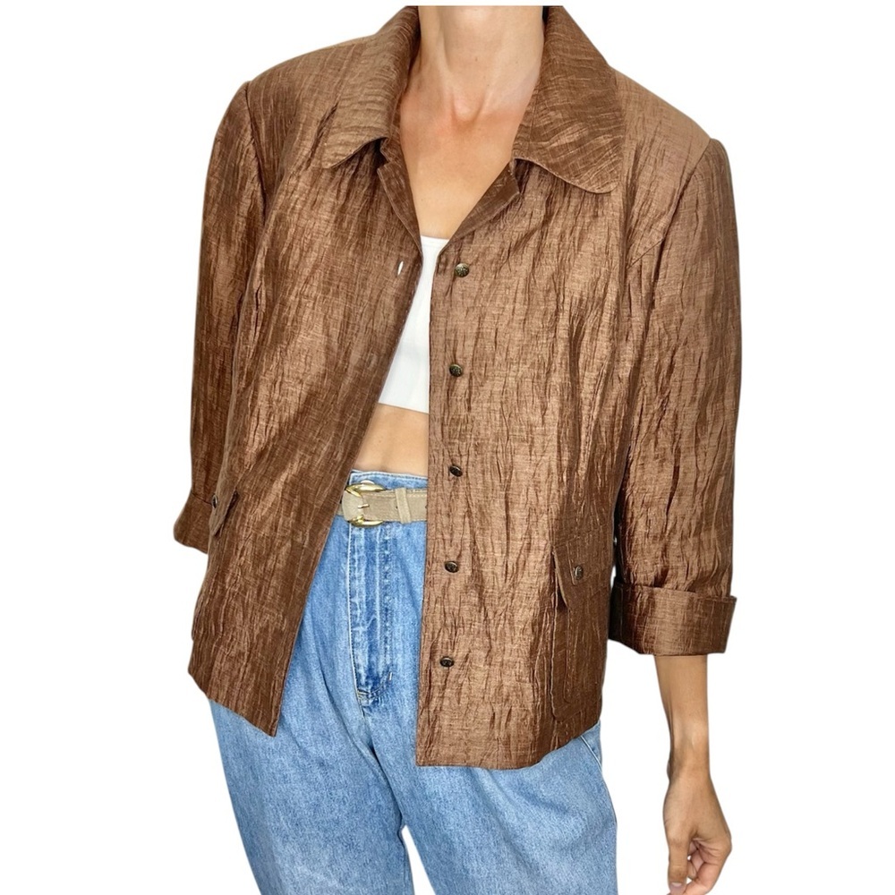 Windsmoor linen blend chocolate brown crinkly bracelet sleeve jacket blazer 16